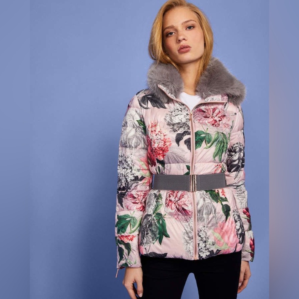 NWT Ted Baker JENZIN Palace Gardens down jacket with faux fur collar Size 1 US 4